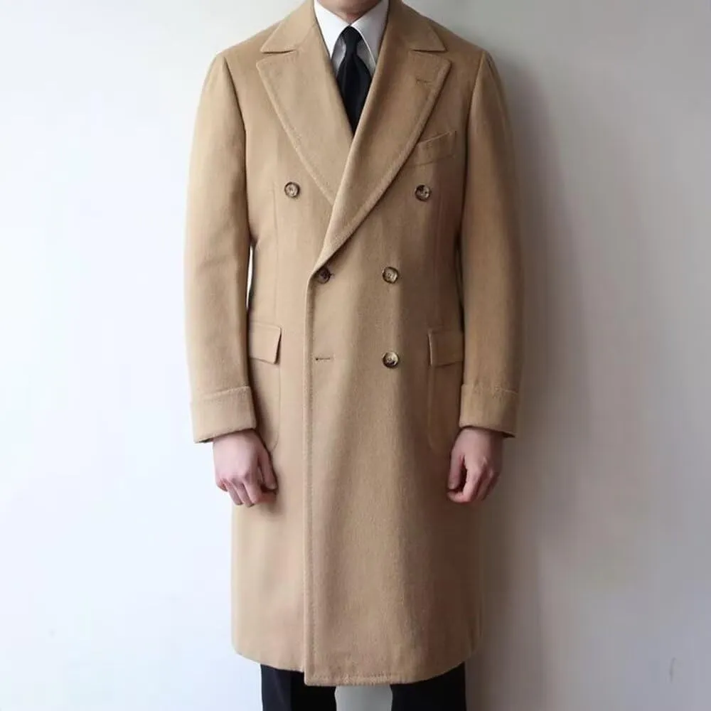 Men's Long Coat Wool Solid Double Breasted Long Trench Coat Wide Lapel For Business Wedding Overcoat ASDF21