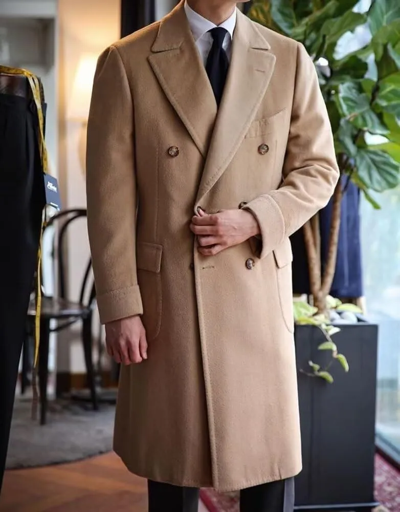 Men's Long Coat Wool Solid Double Breasted Long Trench Coat Wide Lapel For Business Wedding Overcoat ASDF21