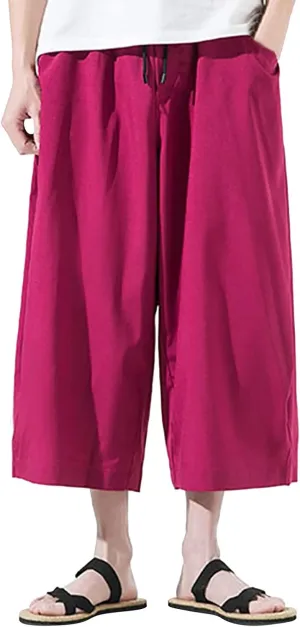 Men's Long Linen Harem Shorts 3/4 Summer Drawstring Beach Capri Pants Casual Loose Cotton Yoga Pants with Pockets