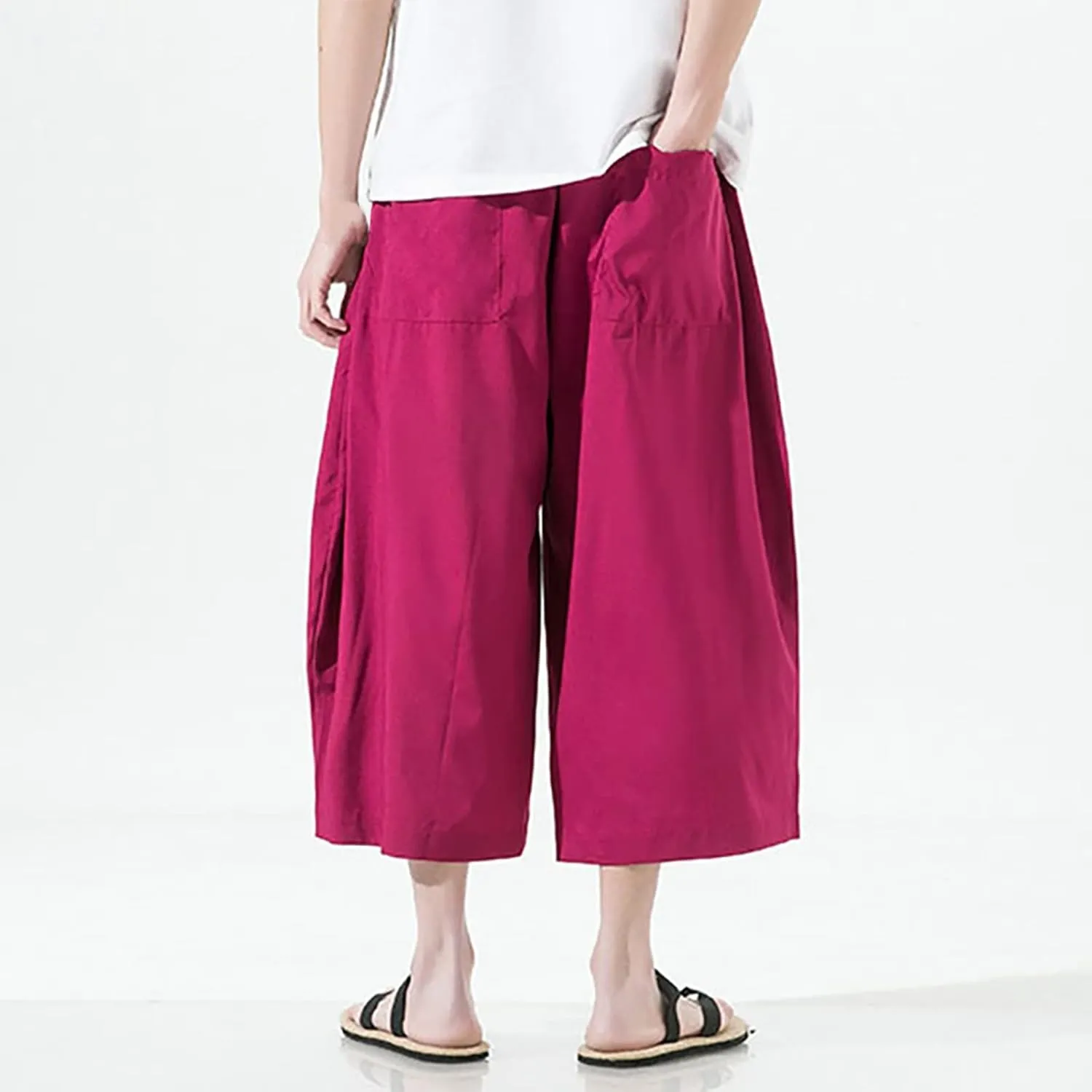 Men's Long Linen Harem Shorts 3/4 Summer Drawstring Beach Capri Pants Casual Loose Cotton Yoga Pants with Pockets