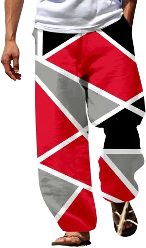 Mens Loose Fit Beach Boho Pants Wide Leg Hippie Harem Pants Elastic Waist Geometric Graphic Yoga Aladdin Trousers