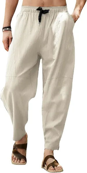 Mens Lounge Linen Pants Trendy Baggy Yoga Lightweight Slacks Casual Wide Leg Trousers with Pockets