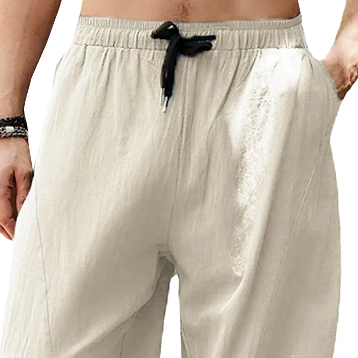 Mens Lounge Linen Pants Trendy Baggy Yoga Lightweight Slacks Casual Wide Leg Trousers with Pockets