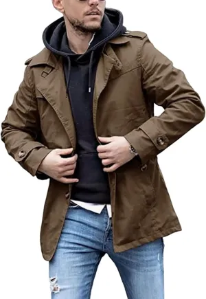 Mens Military Casual Field Jacket Outerwear Canvas Cotton Trench Coat Single Breasted Lightweight Casual Windbreaker Jacket