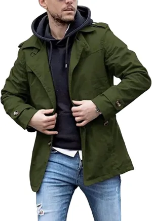Mens Military Casual Field Jacket Outerwear Canvas Cotton Trench Coat Single Breasted Lightweight Casual Windbreaker Jacket