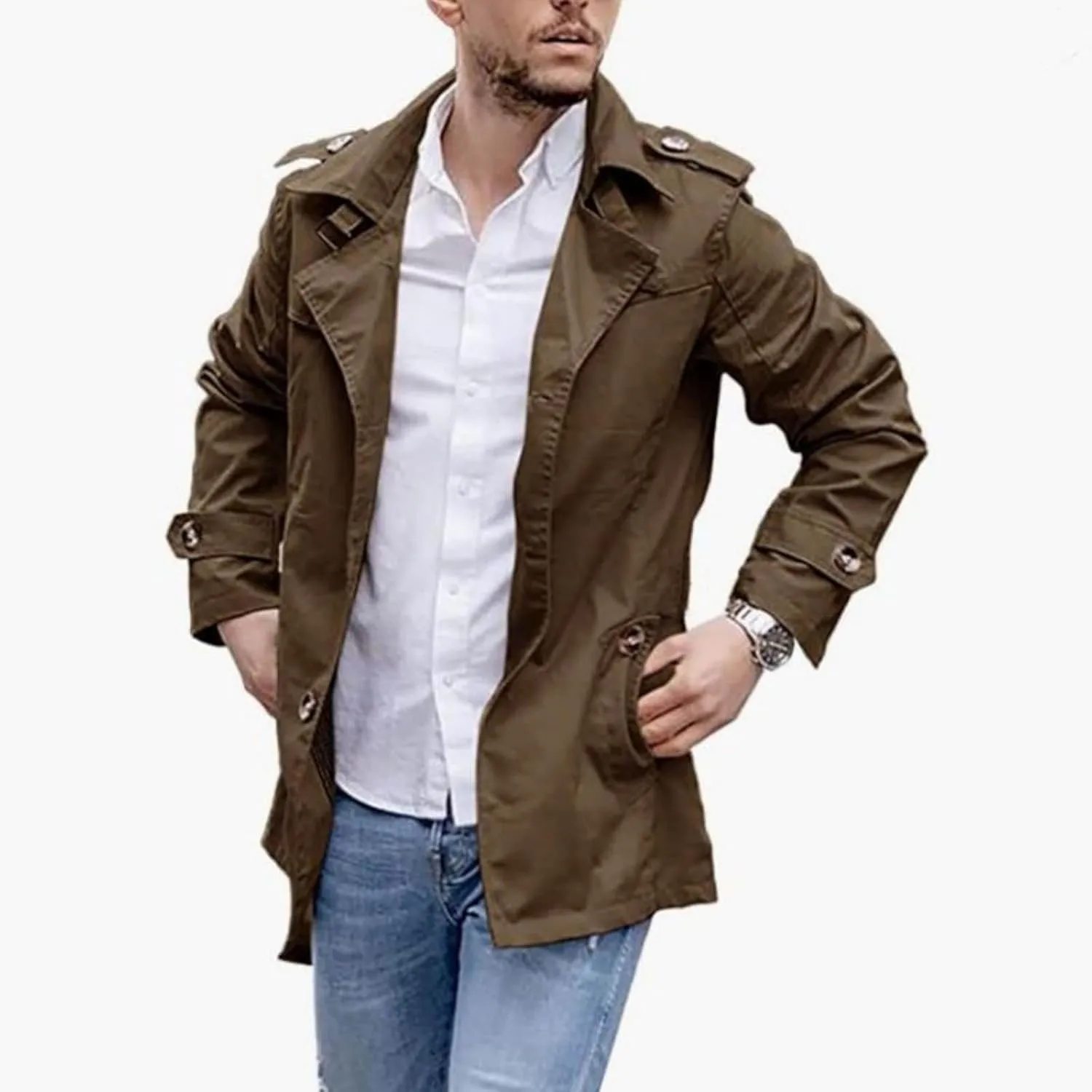 Mens Military Casual Field Jacket Outerwear Canvas Cotton Trench Coat Single Breasted Lightweight Casual Windbreaker Jacket