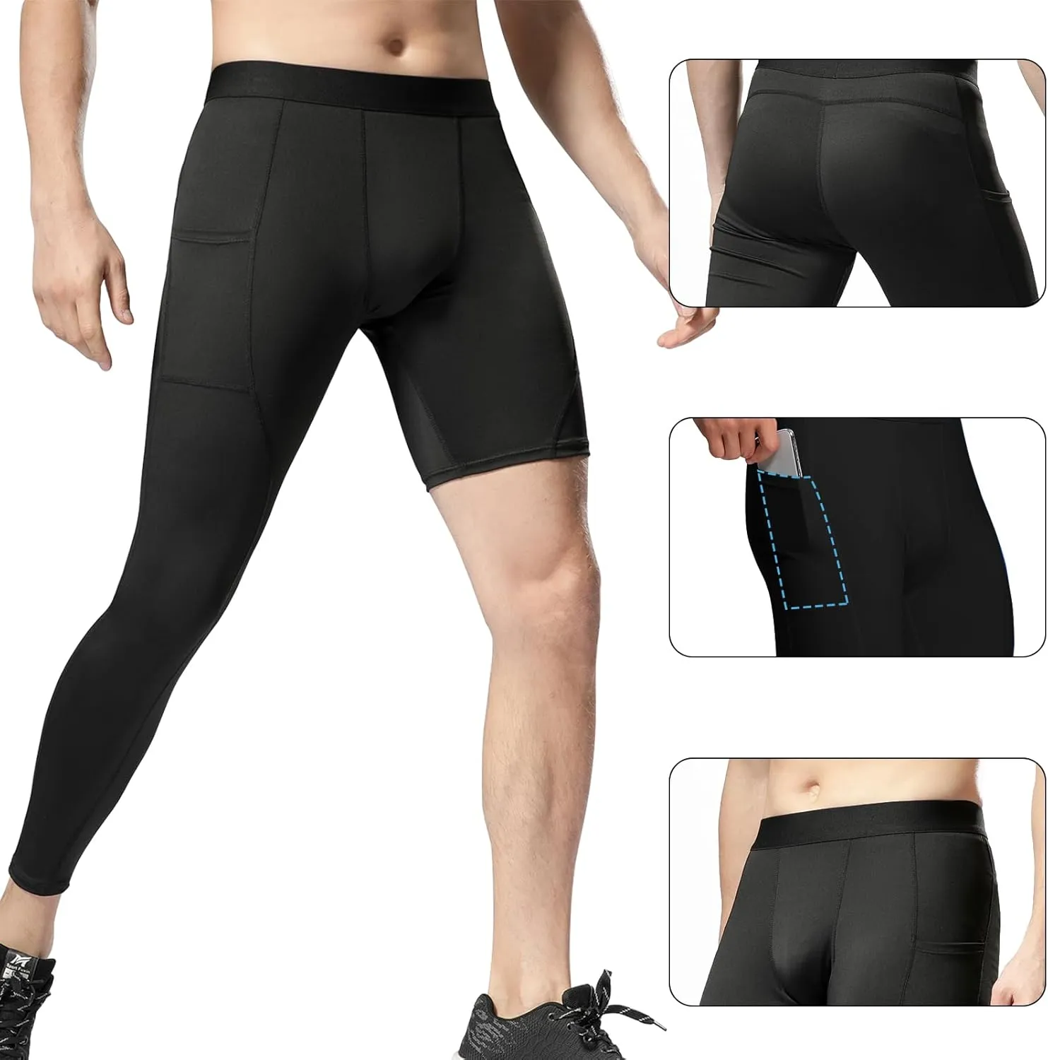 Mens One Leg Compression Pants Full Length Tight Basketball 1/2 Single Leg Long Pant Base Layer Leggings Underwear