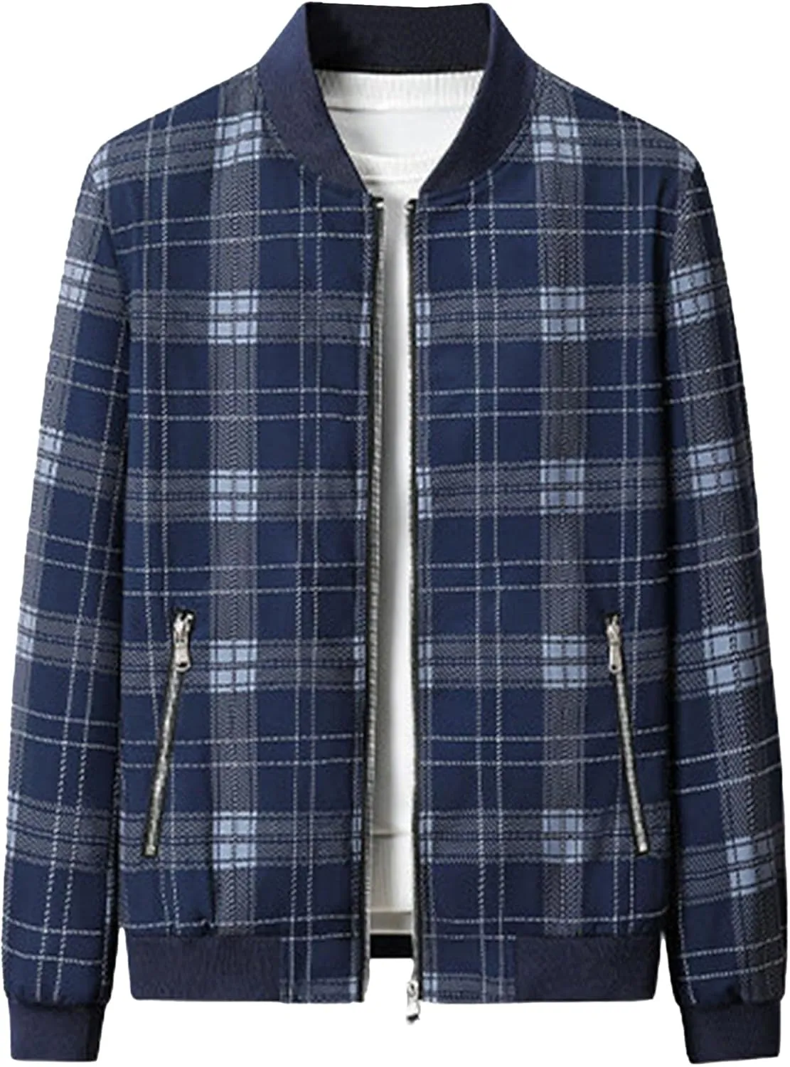 Men's Plaid Stand Collar Jacket Casual Field Windbreaker Jackets Slim Fit Cotton Baseball Bomber Coat