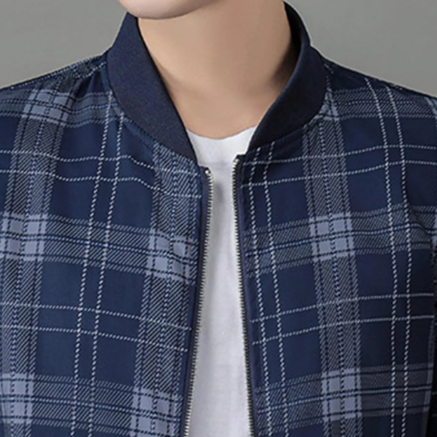 Men's Plaid Stand Collar Jacket Casual Field Windbreaker Jackets Slim Fit Cotton Baseball Bomber Coat