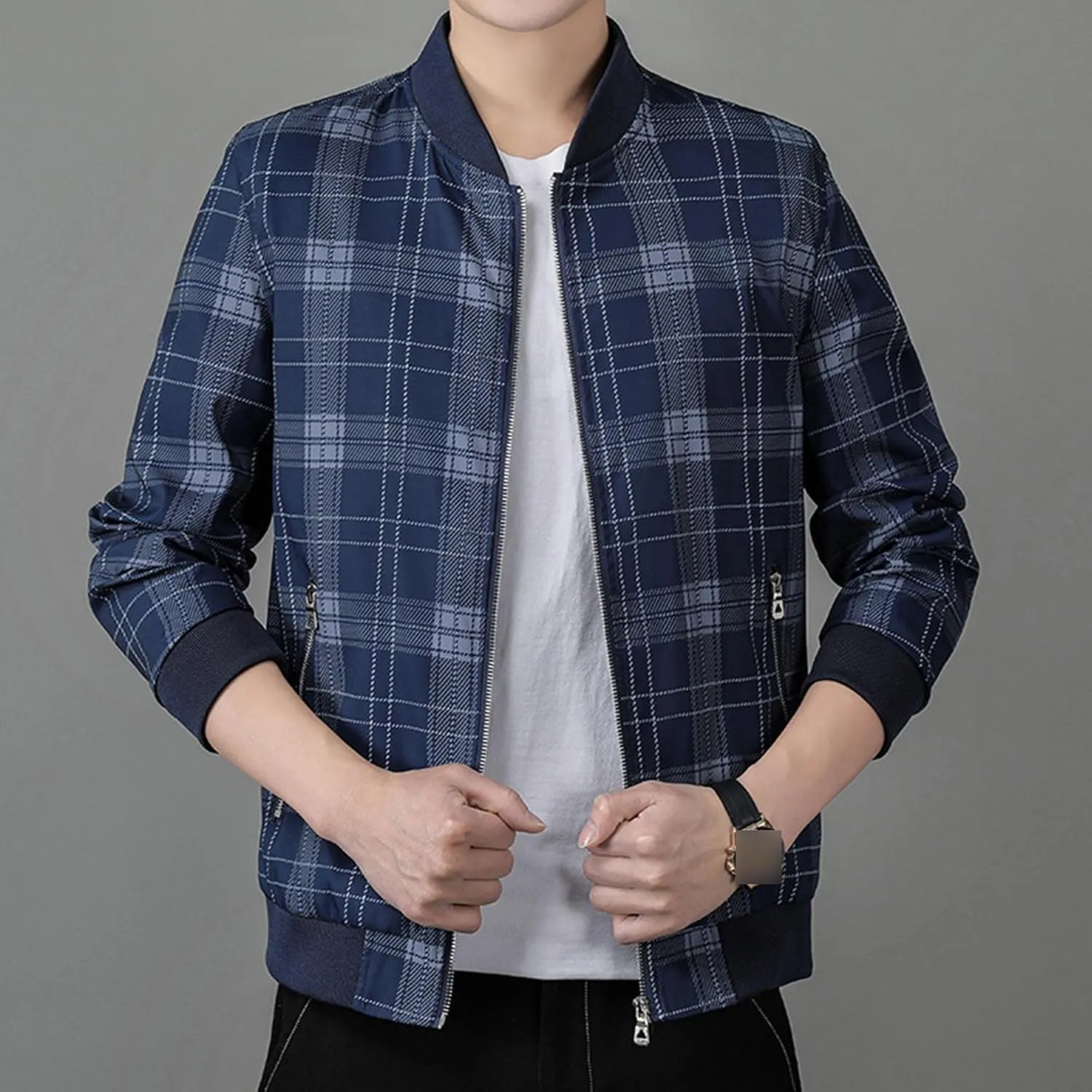 Men's Plaid Stand Collar Jacket Casual Field Windbreaker Jackets Slim Fit Cotton Baseball Bomber Coat