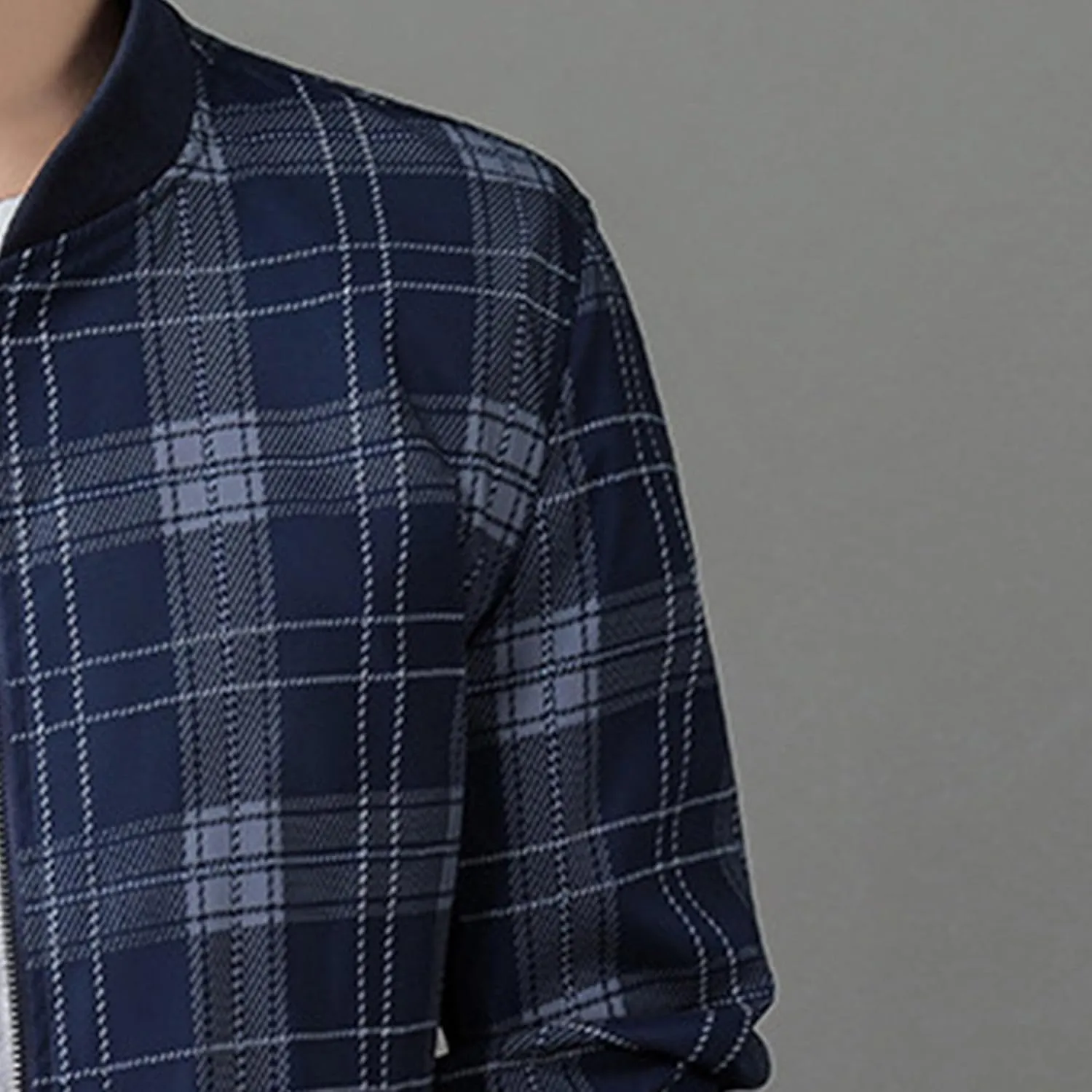 Men's Plaid Stand Collar Jacket Casual Field Windbreaker Jackets Slim Fit Cotton Baseball Bomber Coat