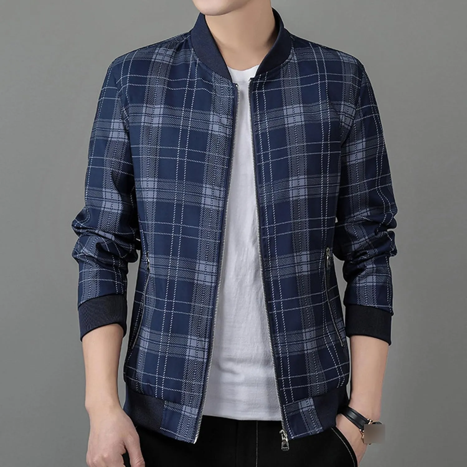 Men's Plaid Stand Collar Jacket Casual Field Windbreaker Jackets Slim Fit Cotton Baseball Bomber Coat