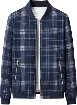 Men's Plaid Stand Collar Jacket Casual Field Windbreaker Jackets Slim Fit Cotton Baseball Bomber Coat