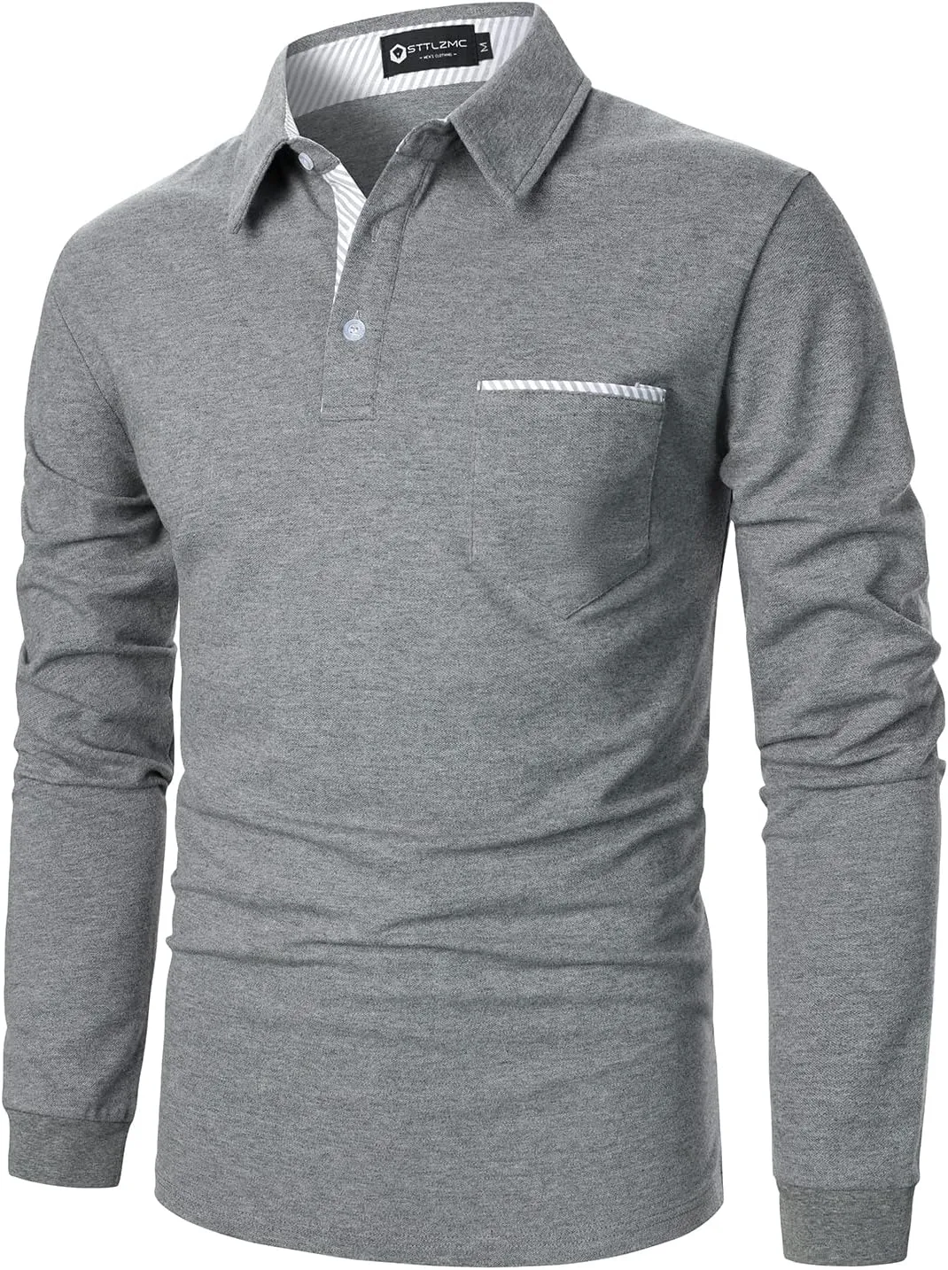 Men's Polo Shirt Long Sleeve Fashion Diagonal Strips Collar Classic Casual T-Shirt