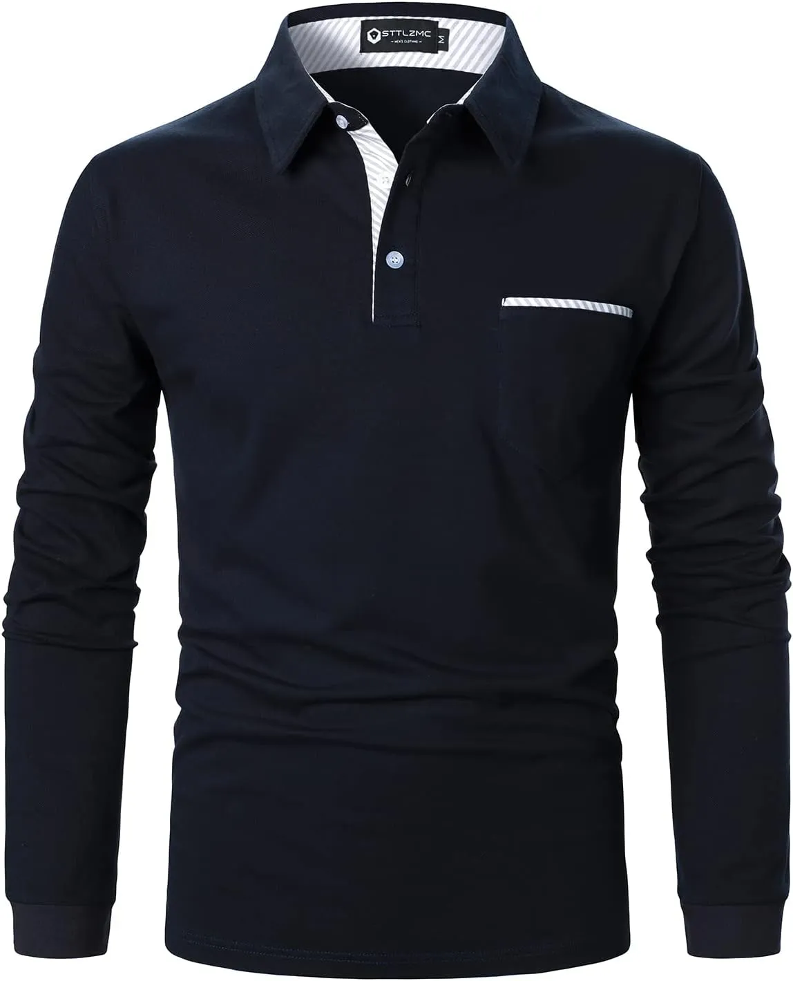 Men's Polo Shirt Long Sleeve Fashion Diagonal Strips Collar Classic Casual T-Shirt