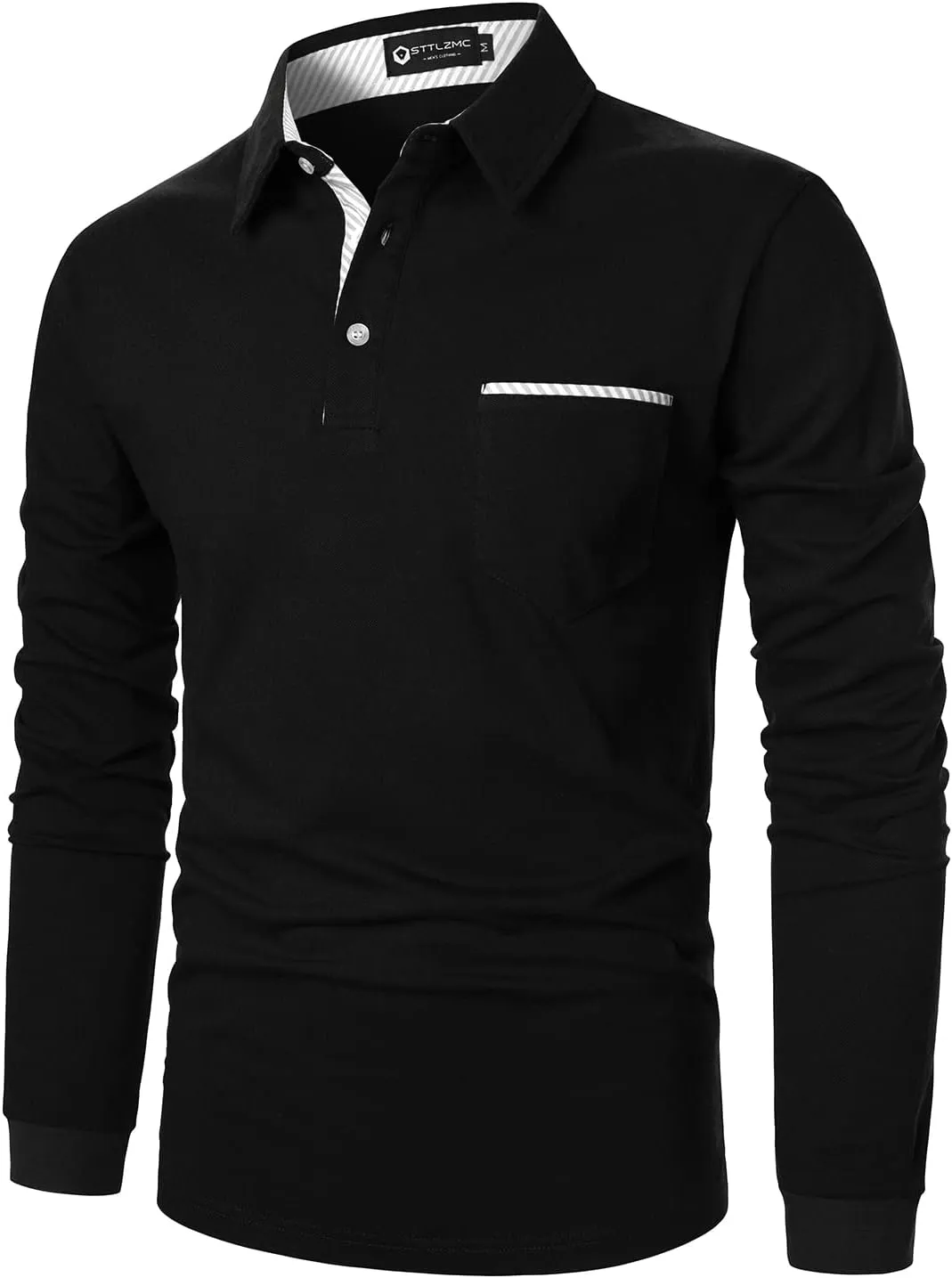 Men's Polo Shirt Long Sleeve Fashion Diagonal Strips Collar Classic Casual T-Shirt