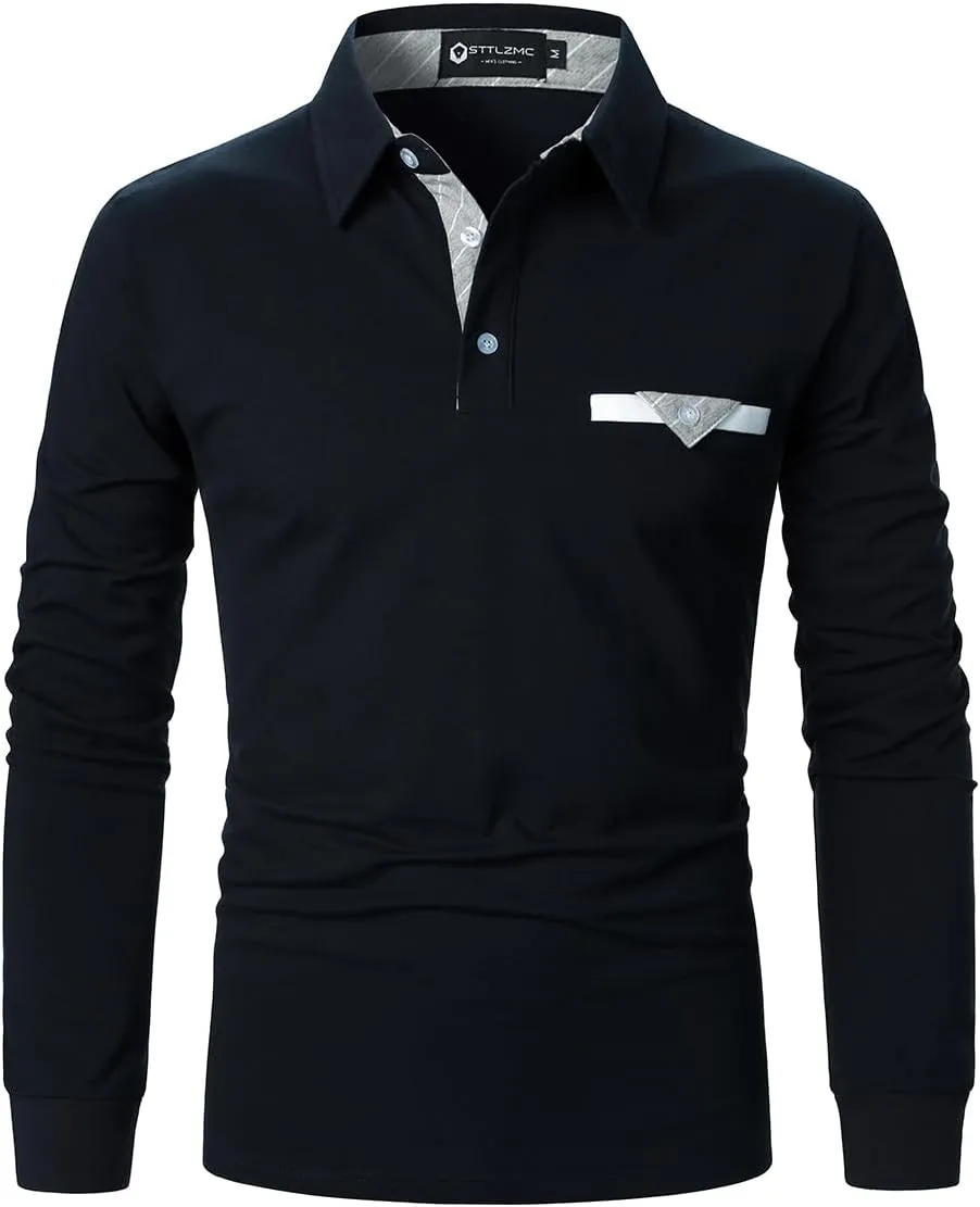Men's Polo Shirt Long Sleeve Fashion Diagonal Strips Collar Classic Casual T-Shirt