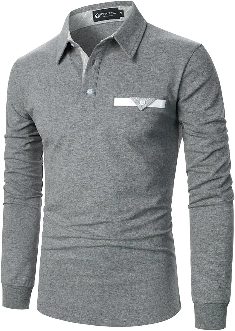 Men's Polo Shirt Long Sleeve Fashion Diagonal Strips Collar Classic Casual T-Shirt
