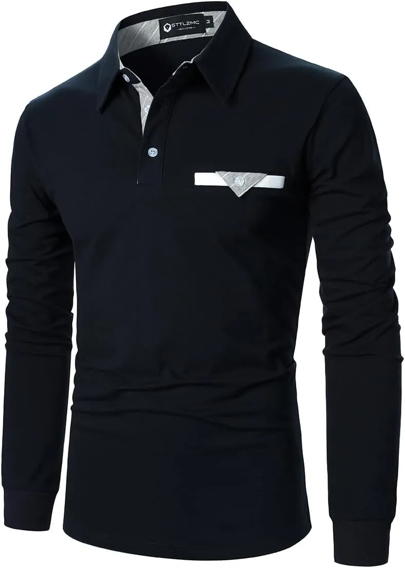 Men's Polo Shirt Long Sleeve Fashion Diagonal Strips Collar Classic Casual T-Shirt