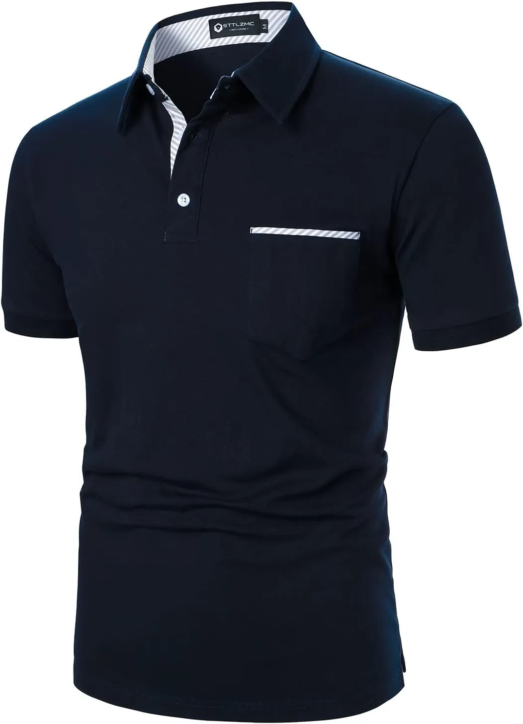 Men's Polo Shirt Short Sleeve Fashion Diagonal Strips Collar Classic Casual T-Shirt with Pocket