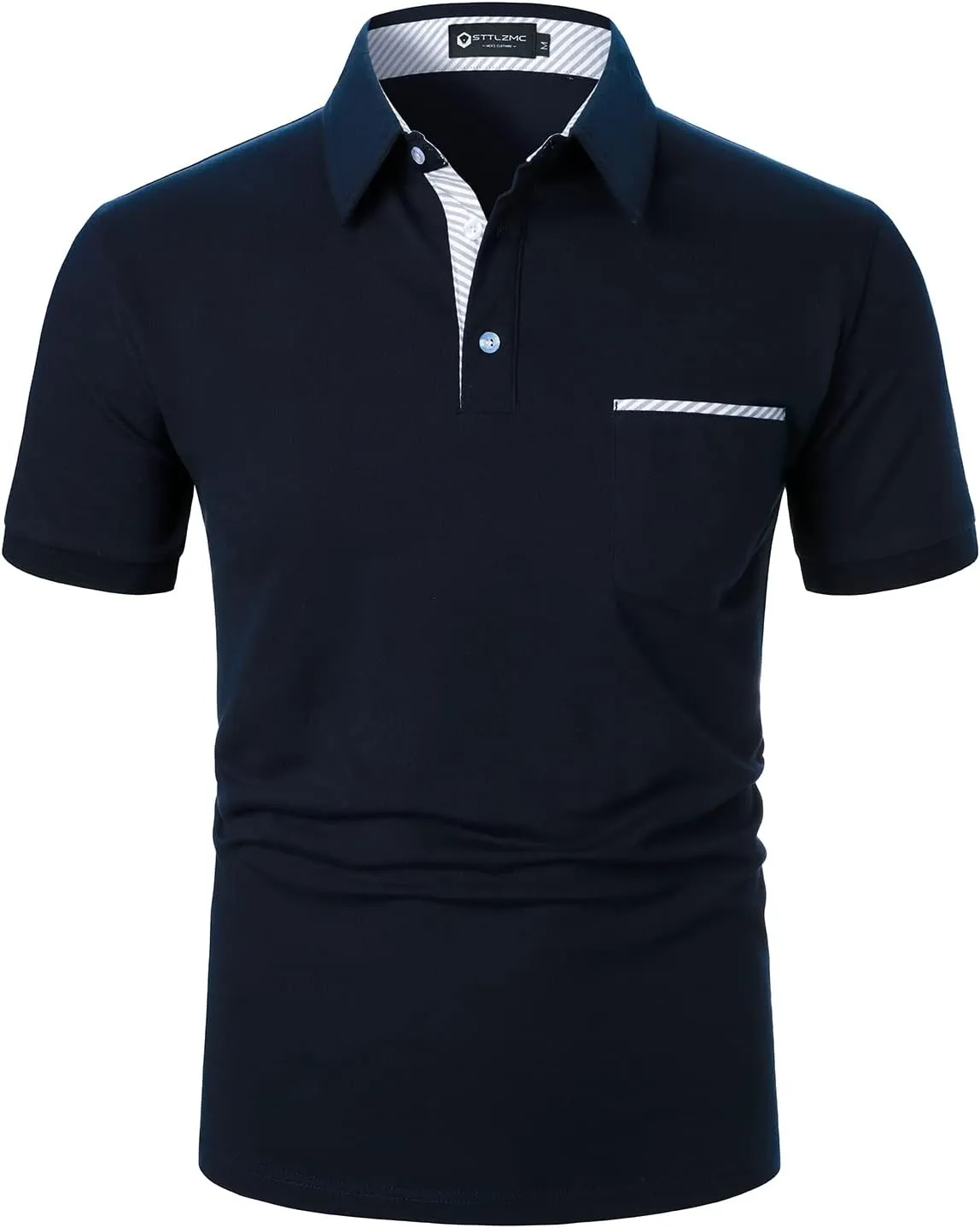 Men's Polo Shirt Short Sleeve Fashion Diagonal Strips Collar Classic Casual T-Shirt with Pocket