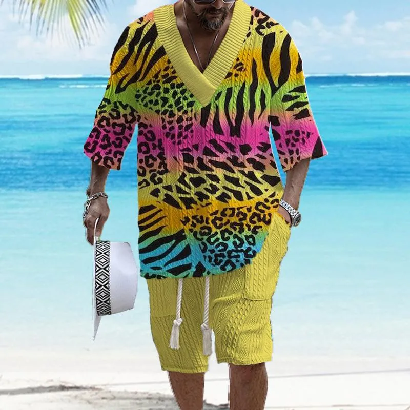 Men's Printed Short Sleeve Shorts Textured Set 10881655YY