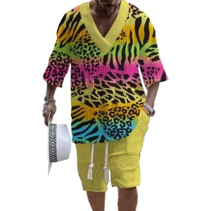 Men's Printed Short Sleeve Shorts Textured Set 10881655YY