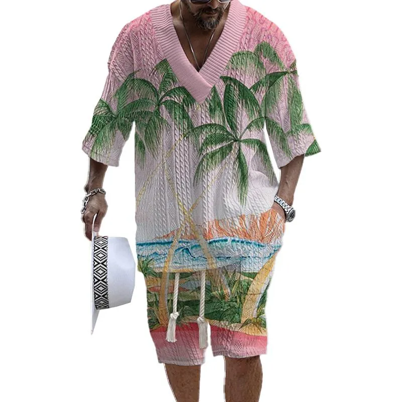 Men's Printed Short Sleeve Shorts Textured Set 87207201YY