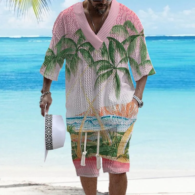 Men's Printed Short Sleeve Shorts Textured Set 87207201YY