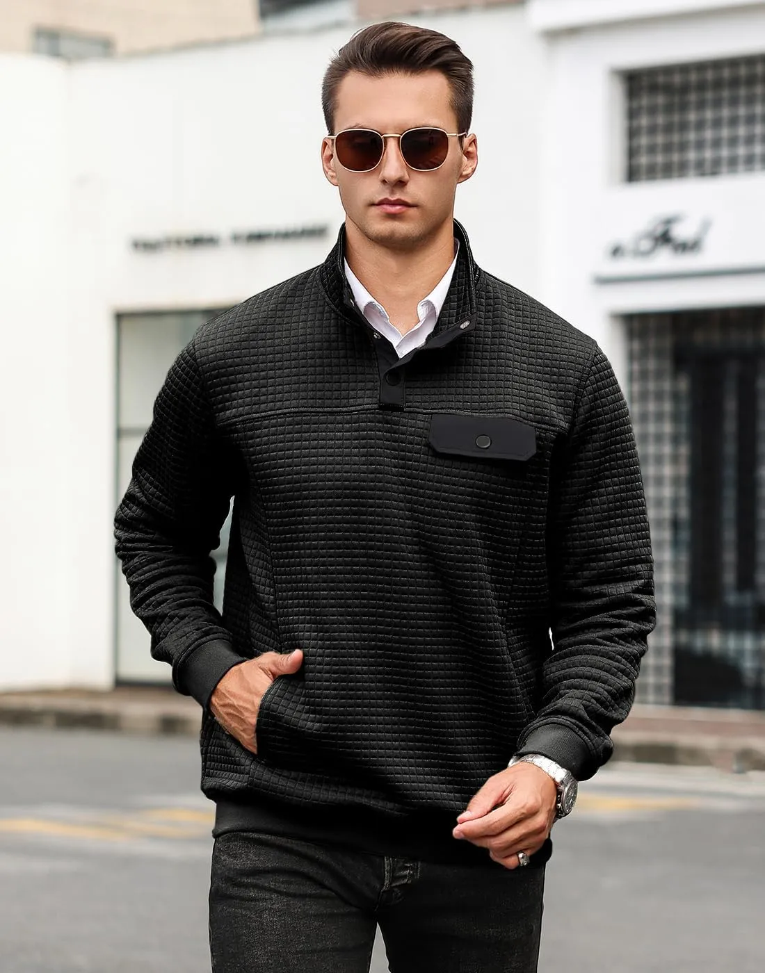 Men's Quilted Sweatshirt Casual Waffle Stand Collar Button Pullover Sweatshirts