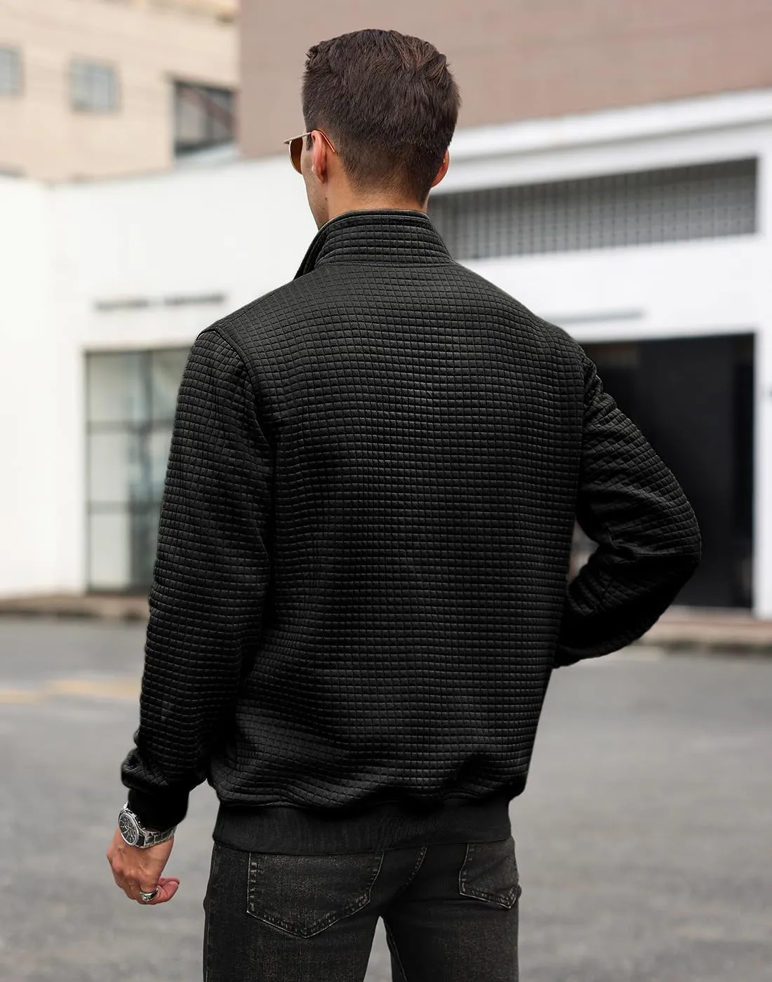 Men's Quilted Sweatshirt Casual Waffle Stand Collar Button Pullover Sweatshirts