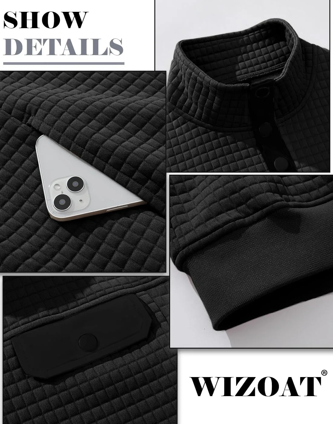 Men's Quilted Sweatshirt Casual Waffle Stand Collar Button Pullover Sweatshirts