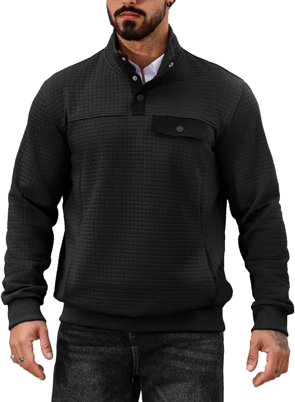 Men's Quilted Sweatshirt Casual Waffle Stand Collar Button Pullover Sweatshirts