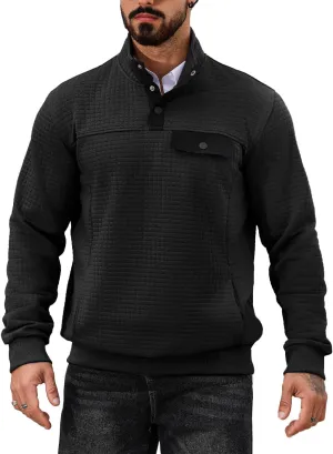 Men's Quilted Sweatshirt Casual Waffle Stand Collar Button Pullover Sweatshirts