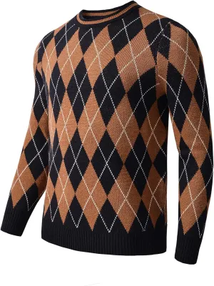 Men's Retro Argyle Sweater Long Sleeve Slim Fit Crewneck Pullover Sweater