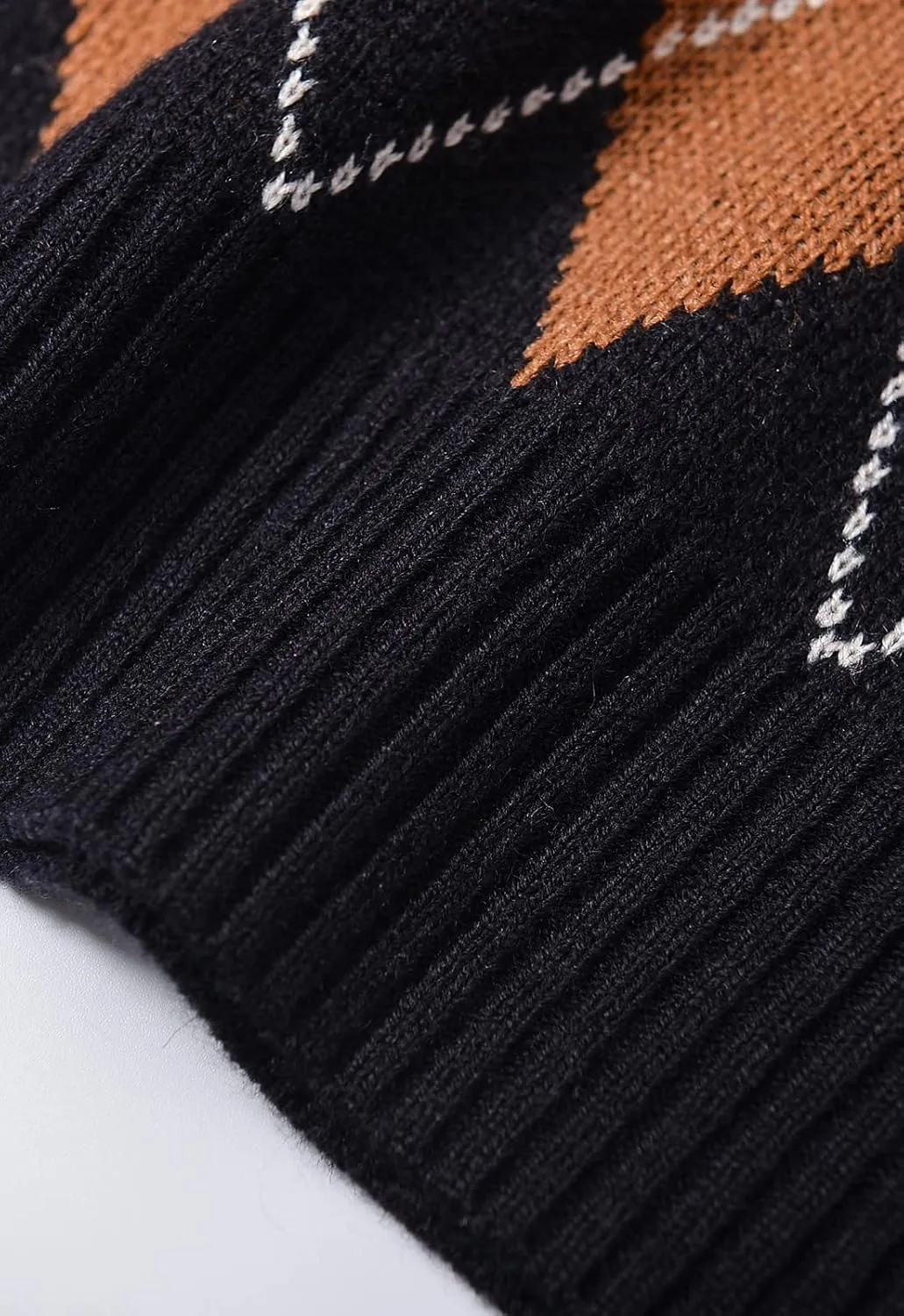 Men's Retro Argyle Sweater Long Sleeve Slim Fit Crewneck Pullover Sweater