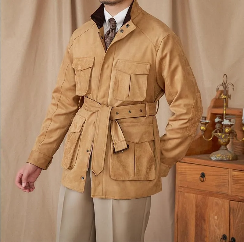 Men's Safari Field Jacket Casual Suede Vintage for Business Commute Coat