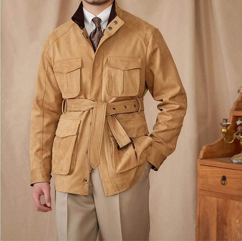 Men's Safari Field Jacket Casual Suede Vintage for Business Commute Coat