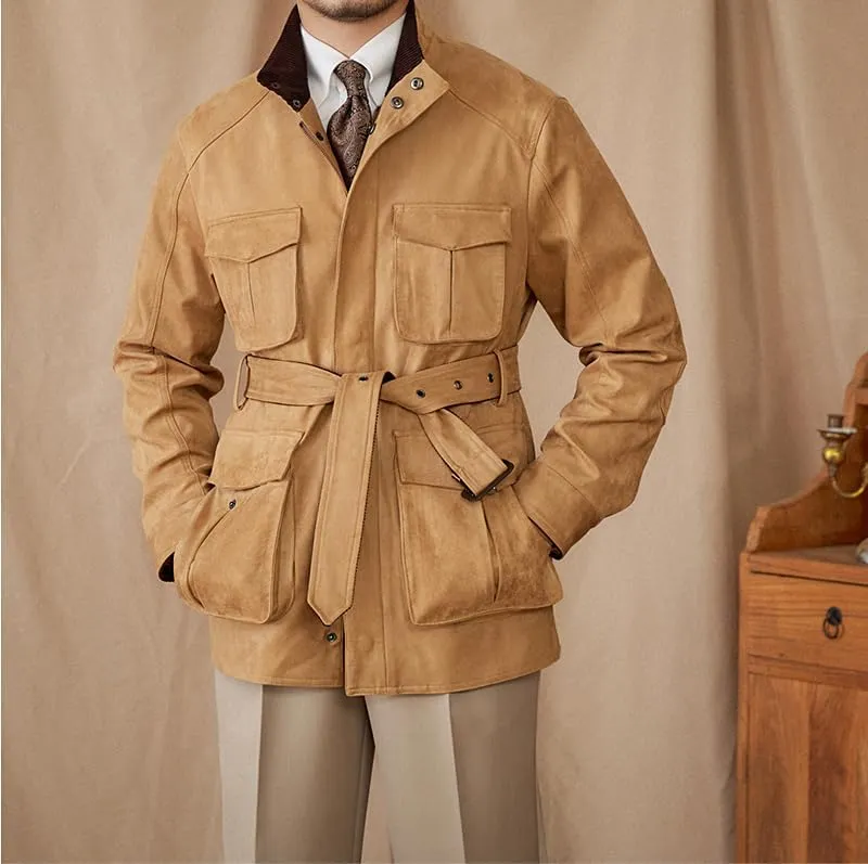 Men's Safari Field Jacket Casual Suede Vintage for Business Commute Coat