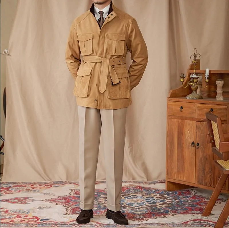 Men's Safari Field Jacket Casual Suede Vintage for Business Commute Coat