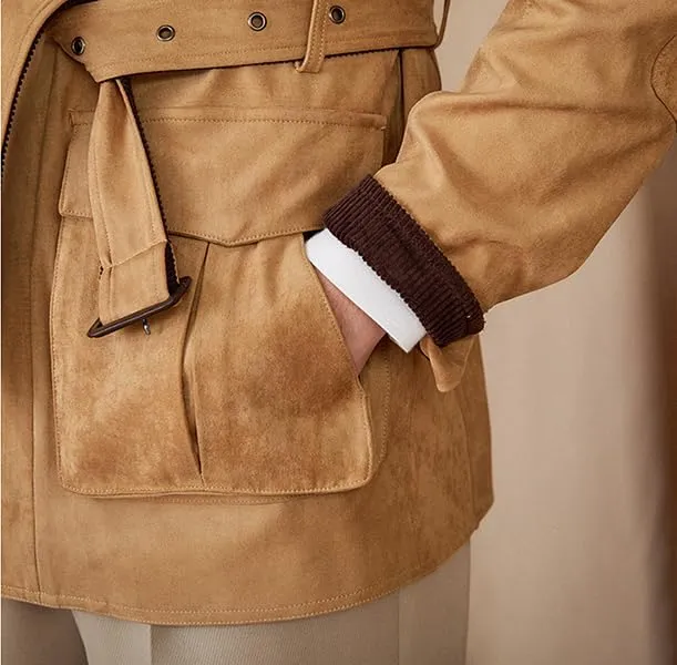 Men's Safari Field Jacket Casual Suede Vintage for Business Commute Coat