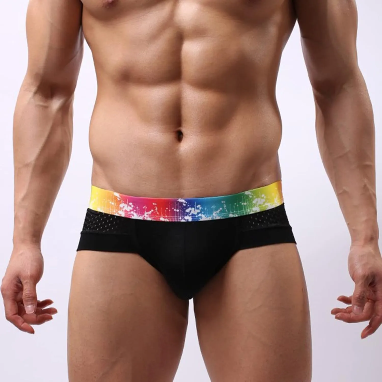 Mens Sexy Mesh Underwear Boxer Briefs Low Rise Breathable Underpants With Rainbow Elastic Band