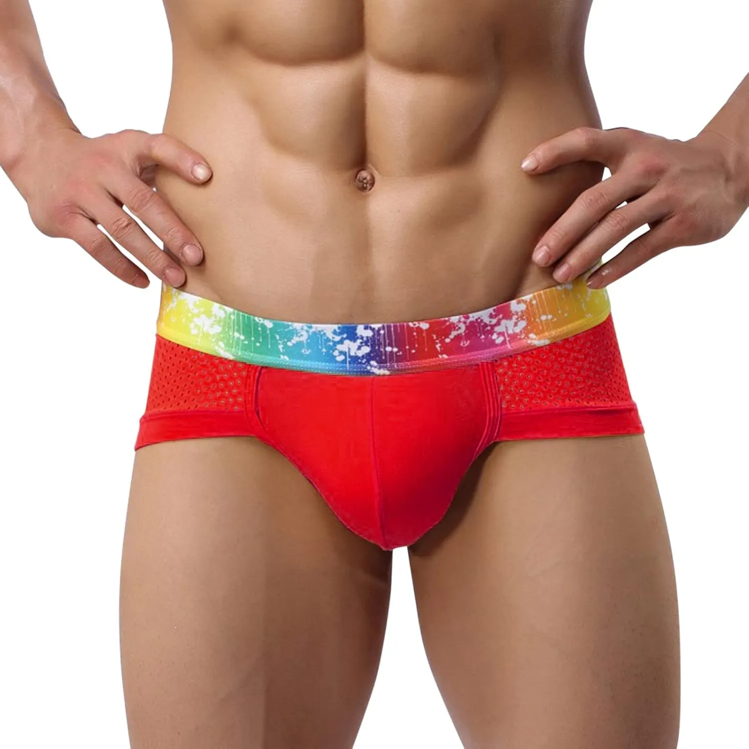 Mens Sexy Mesh Underwear Boxer Briefs Low Rise Breathable Underpants With Rainbow Elastic Band
