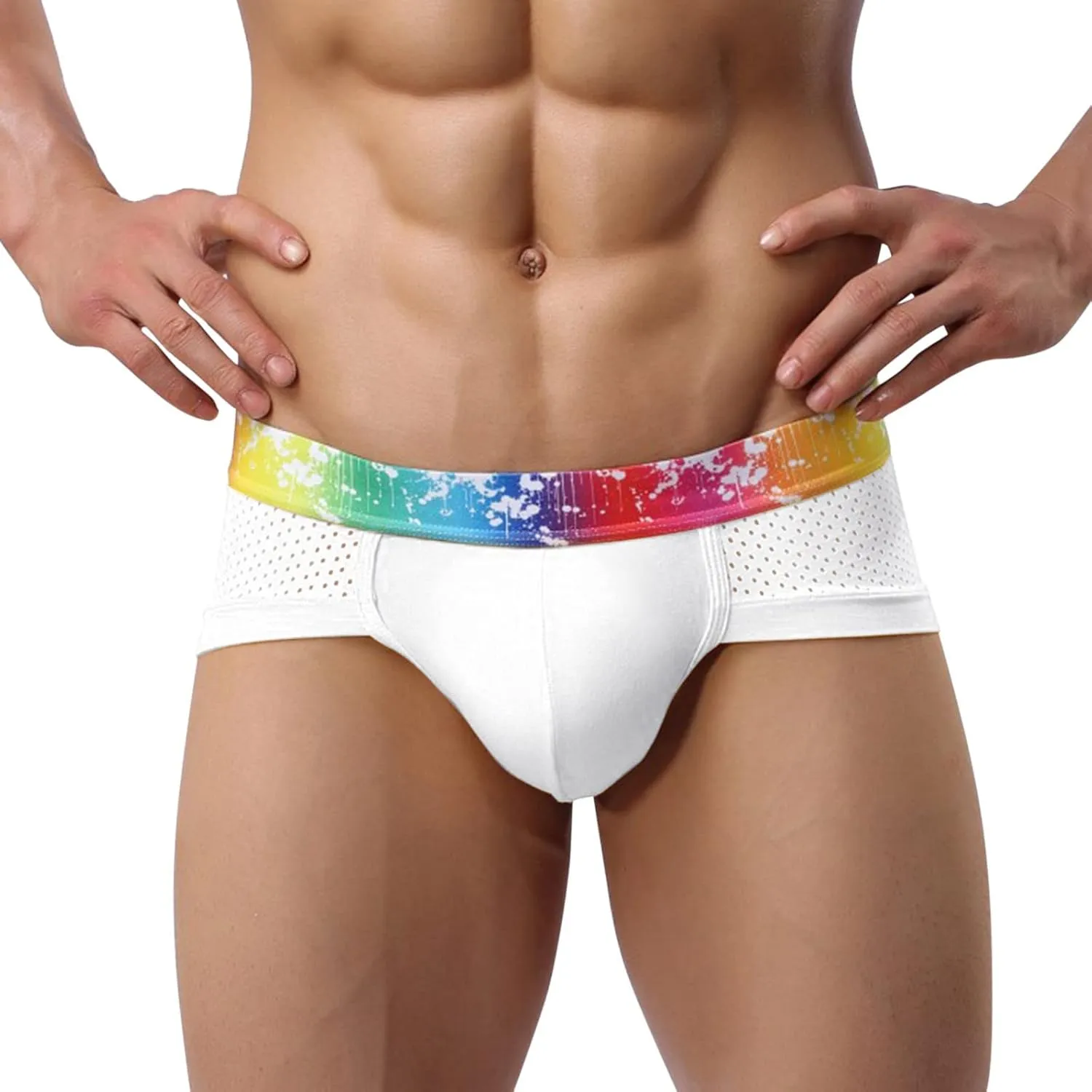 Mens Sexy Mesh Underwear Boxer Briefs Low Rise Breathable Underpants With Rainbow Elastic Band