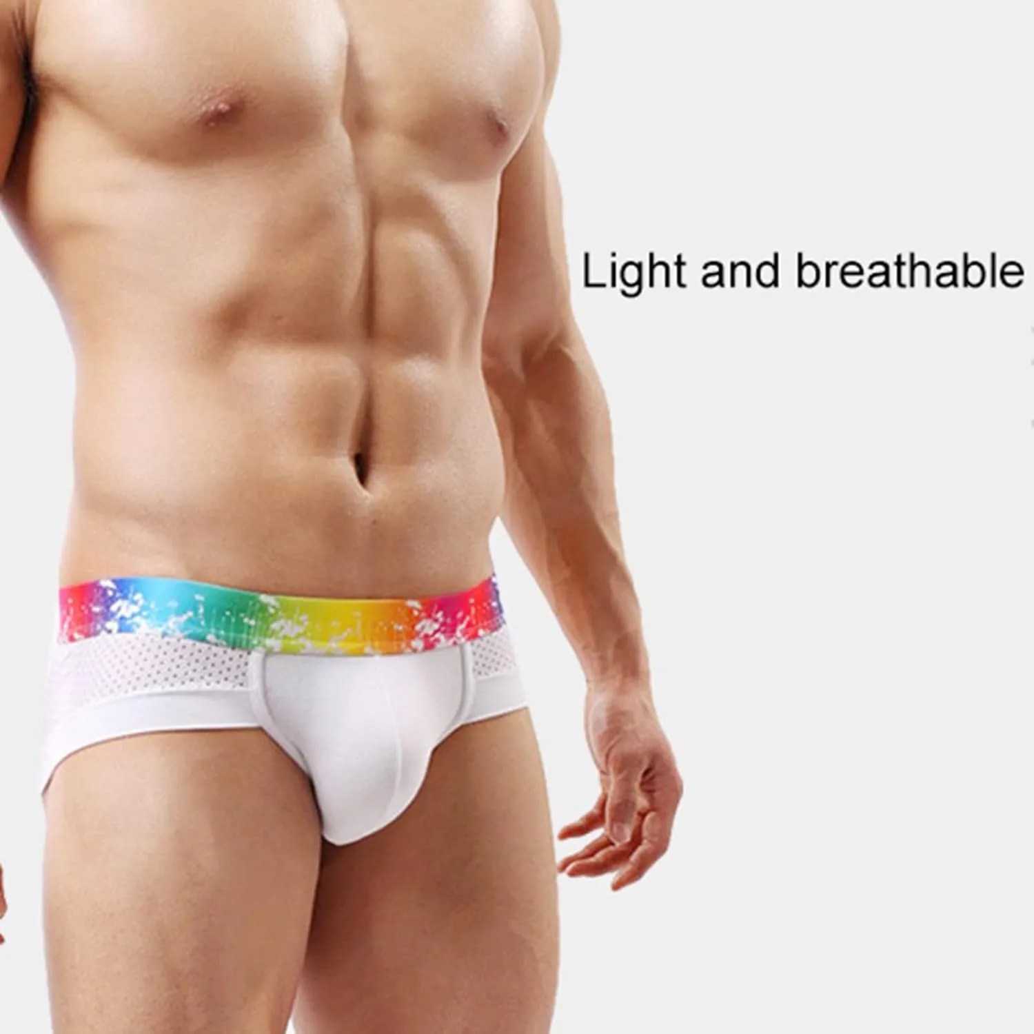 Mens Sexy Mesh Underwear Boxer Briefs Low Rise Breathable Underpants With Rainbow Elastic Band
