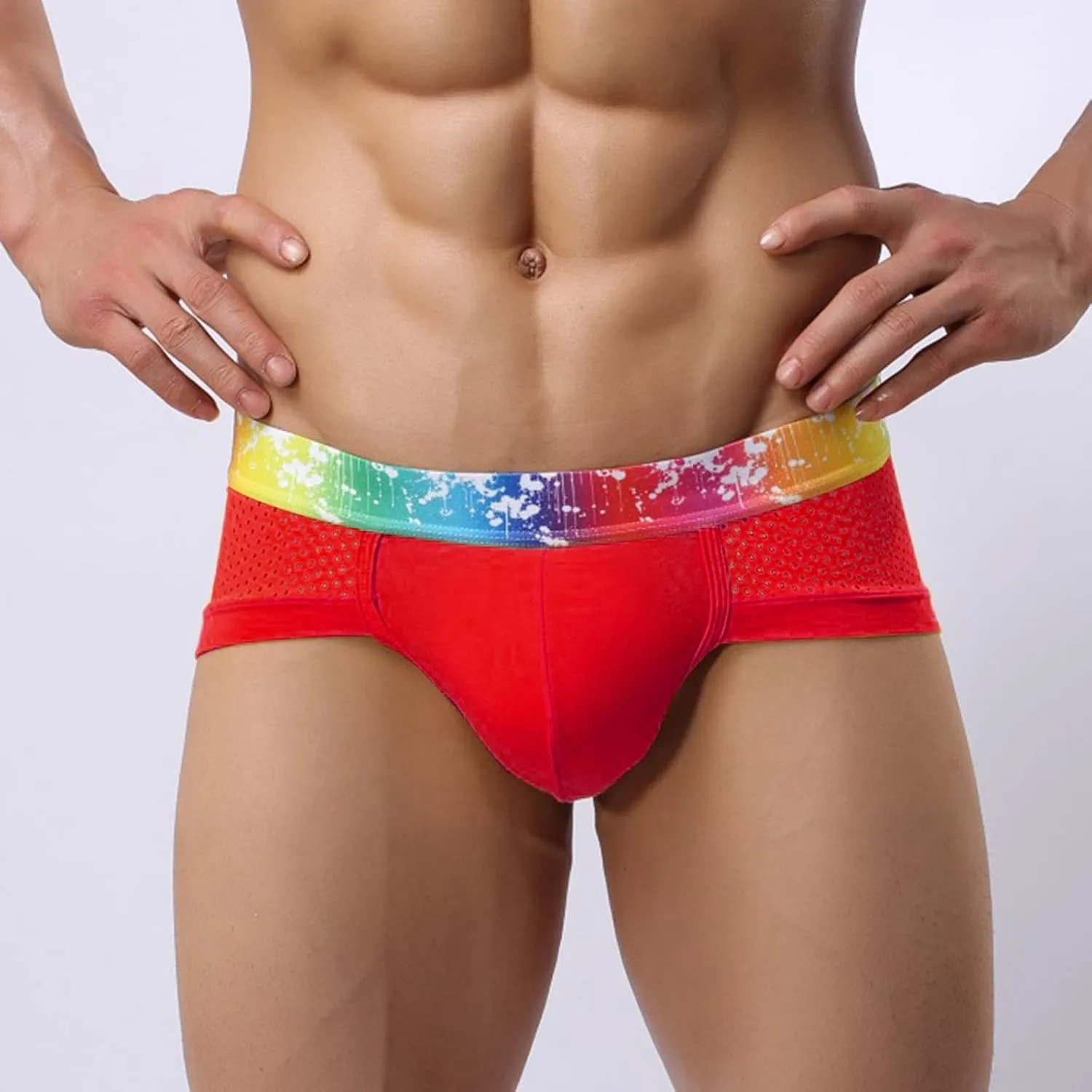 Mens Sexy Mesh Underwear Boxer Briefs Low Rise Breathable Underpants With Rainbow Elastic Band