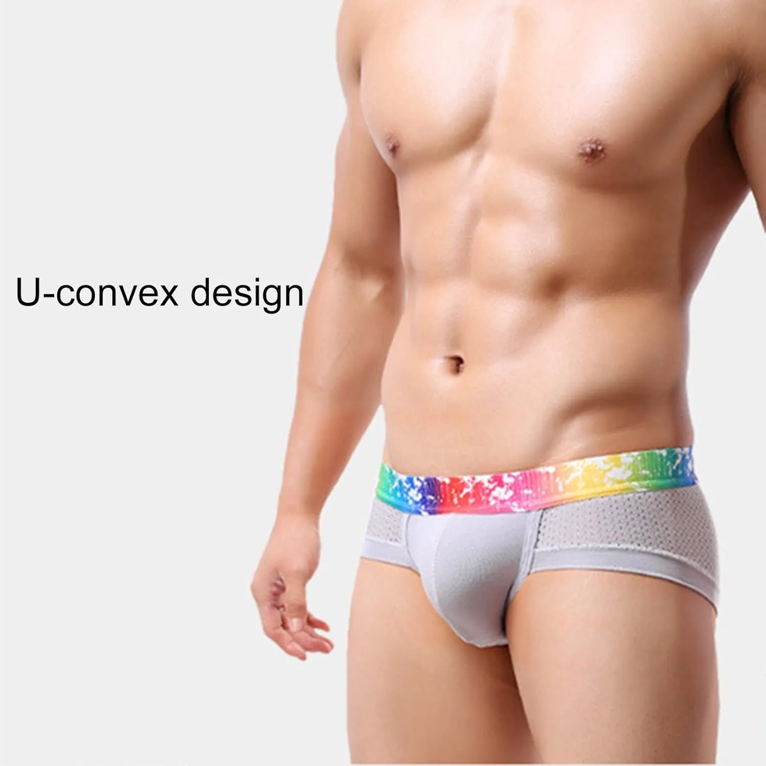 Mens Sexy Mesh Underwear Boxer Briefs Low Rise Breathable Underpants With Rainbow Elastic Band