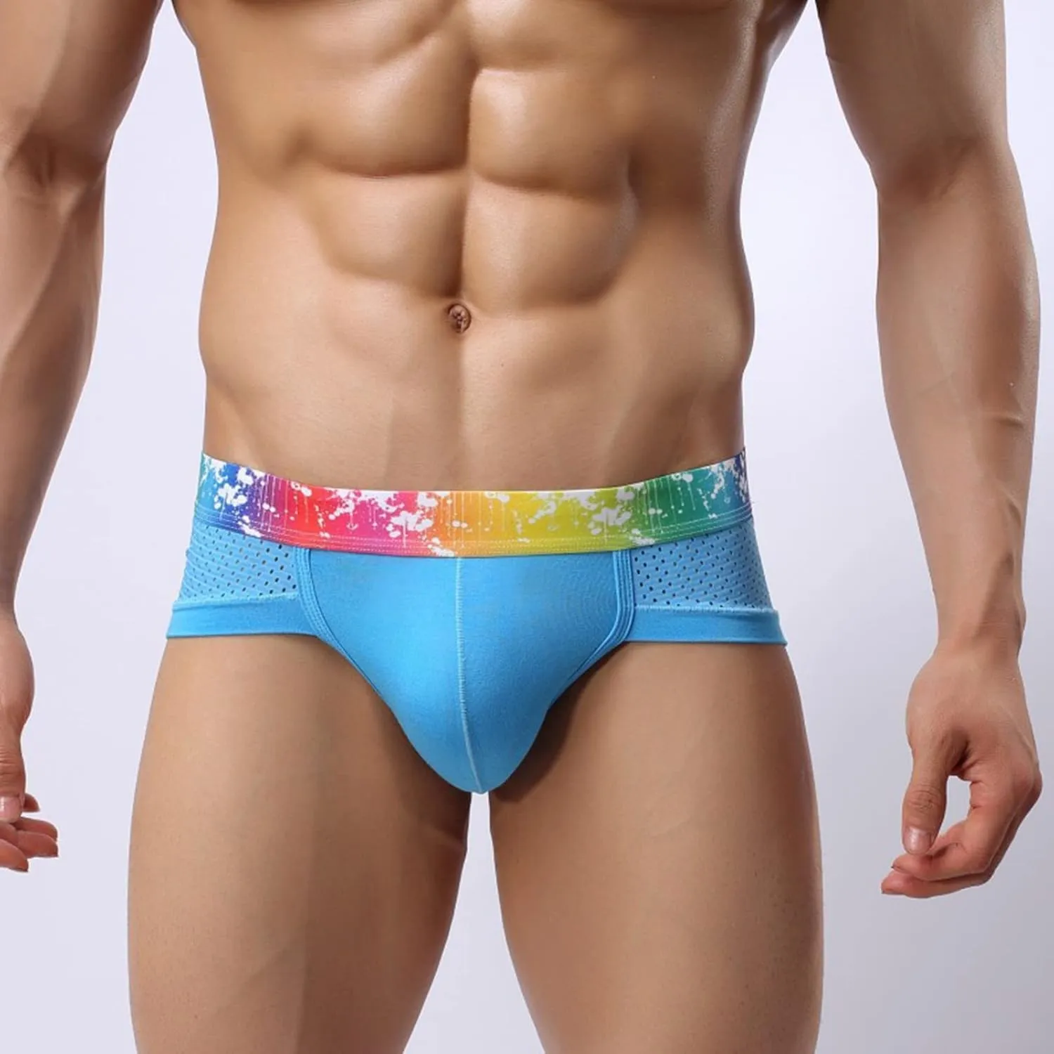 Mens Sexy Mesh Underwear Boxer Briefs Low Rise Breathable Underpants With Rainbow Elastic Band