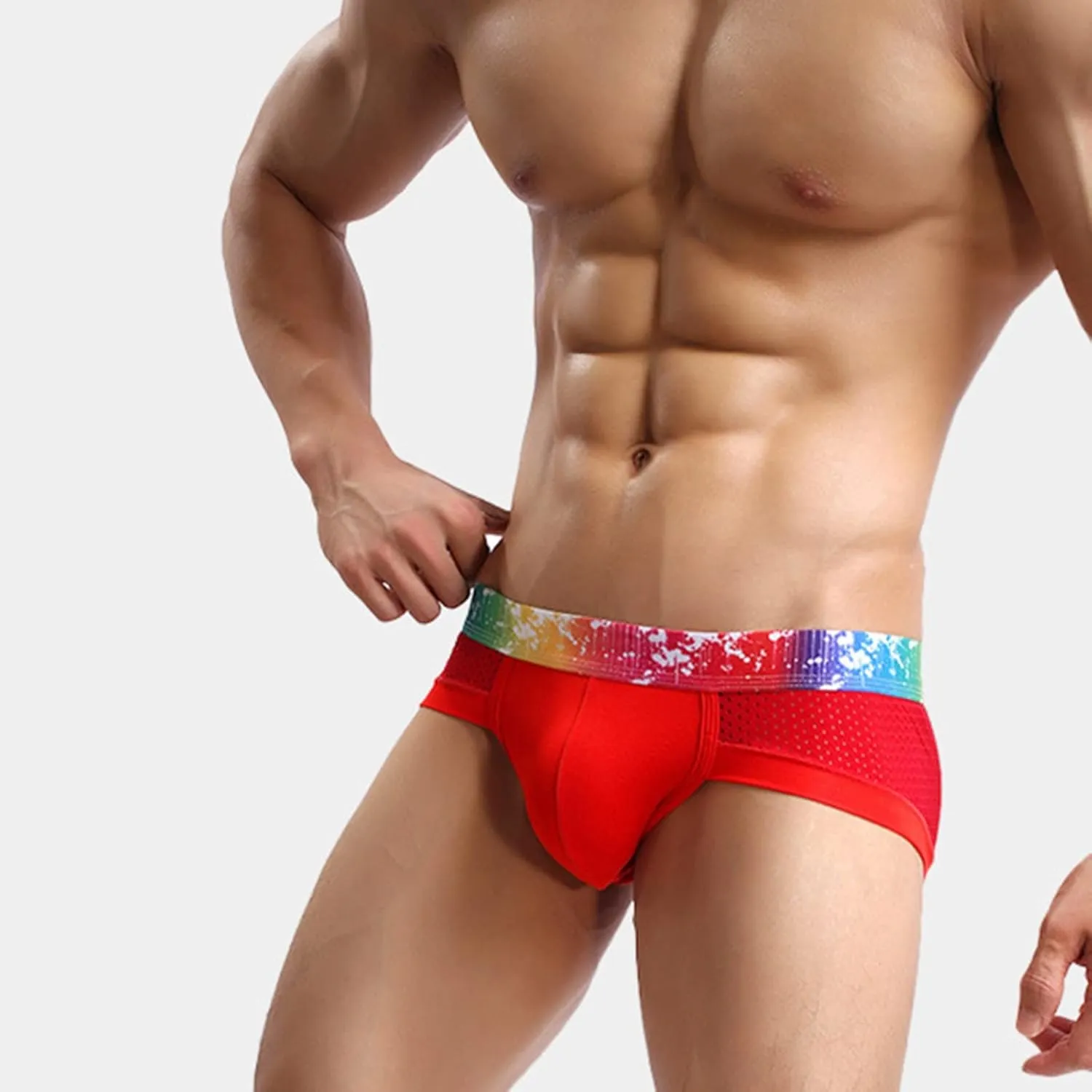 Mens Sexy Mesh Underwear Boxer Briefs Low Rise Breathable Underpants With Rainbow Elastic Band