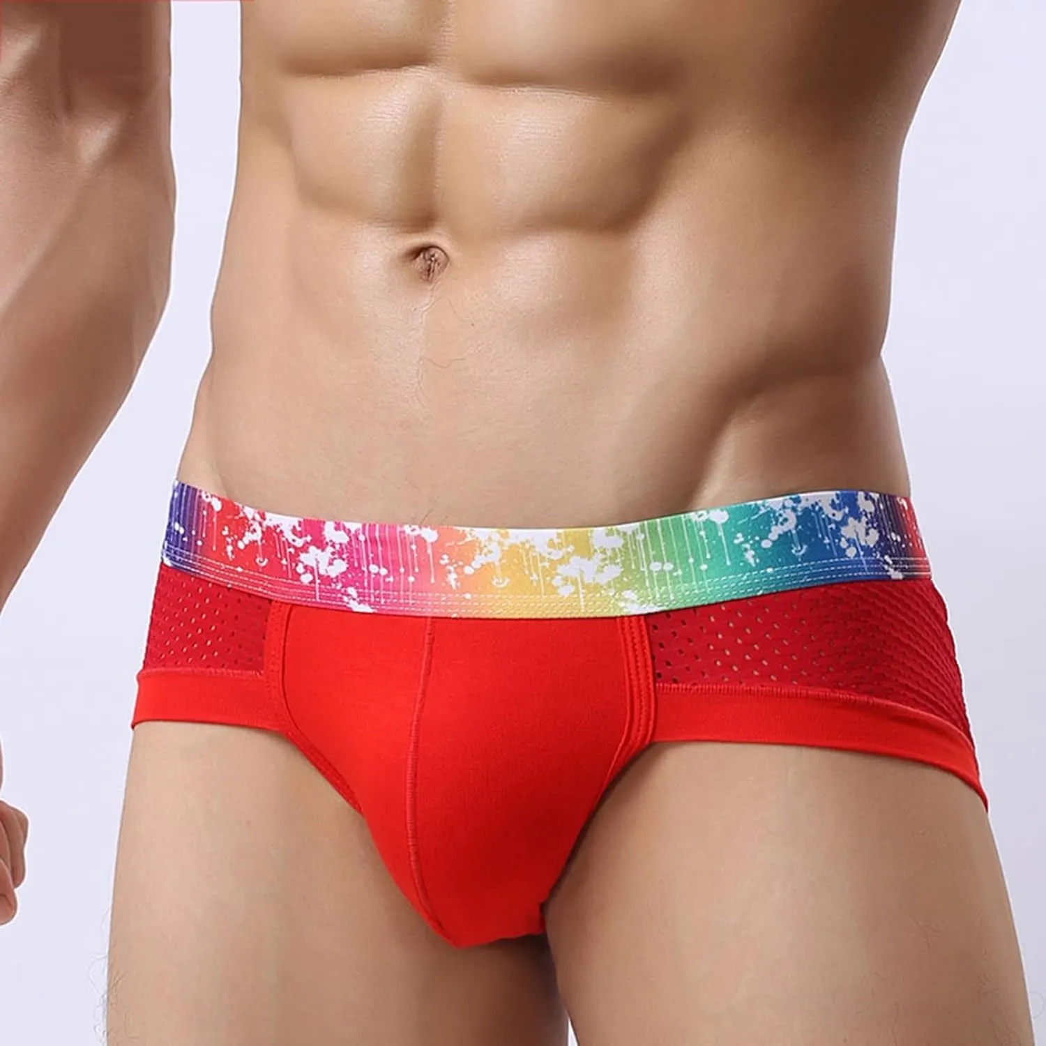Mens Sexy Mesh Underwear Boxer Briefs Low Rise Breathable Underpants With Rainbow Elastic Band